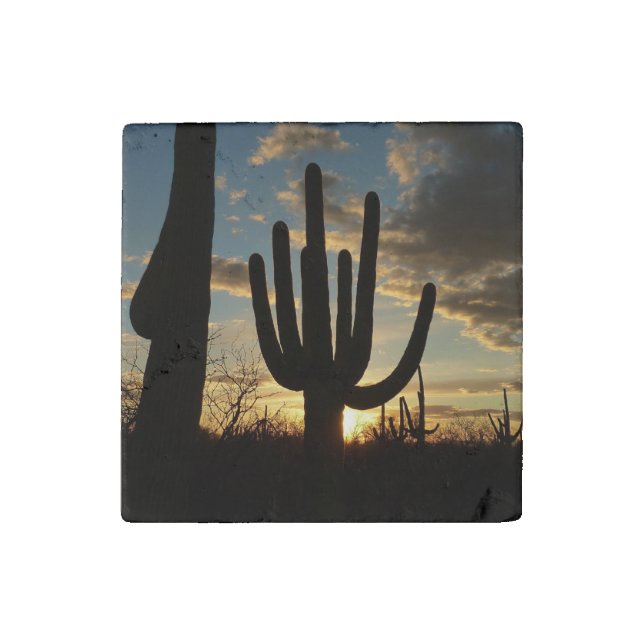 Saguaro Sunset II Arizona Desert Landscape Stone Magnet (Front)