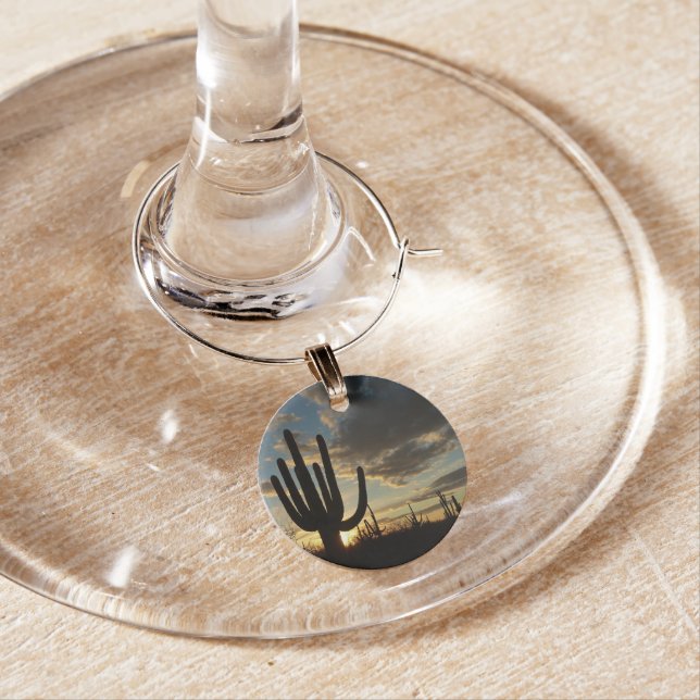 Saguaro Sunset II Arizona Desert Landscape Wine Glass Charm (In Situ)
