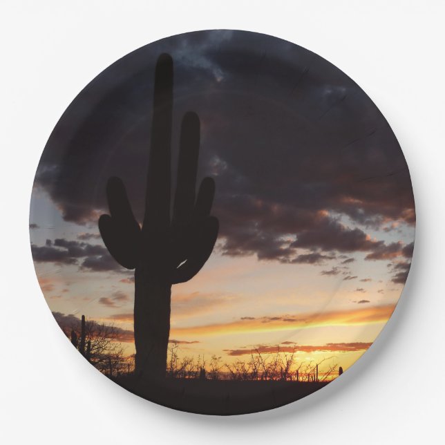 Saguaro Sunset III Arizona Desert Landscape Paper Plates (Front)
