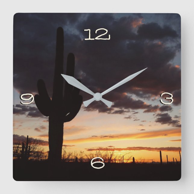 Saguaro Sunset III Arizona Desert Landscape Square Wall Clock (Front)