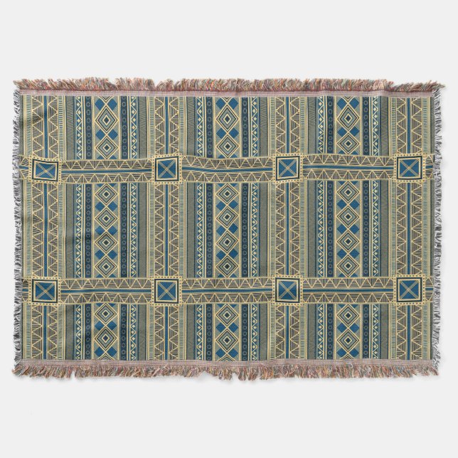 Sahara Sky & Sand: The Mali Blue & Khaki Geometric Throw Blanket (Front)