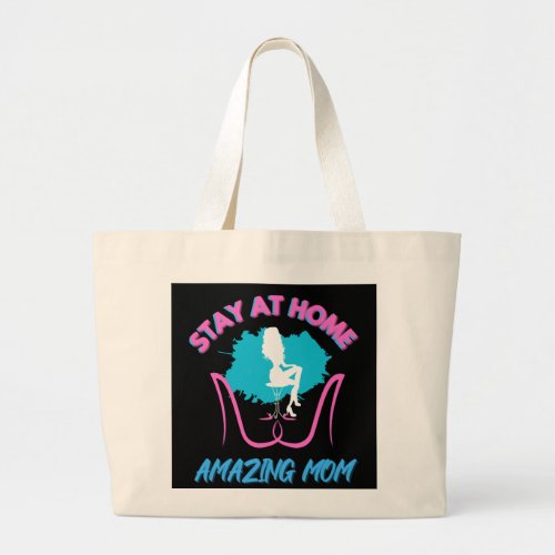 Sahm Stay At Home Mom Pink  Blue Trendy Design Large Tote Bag