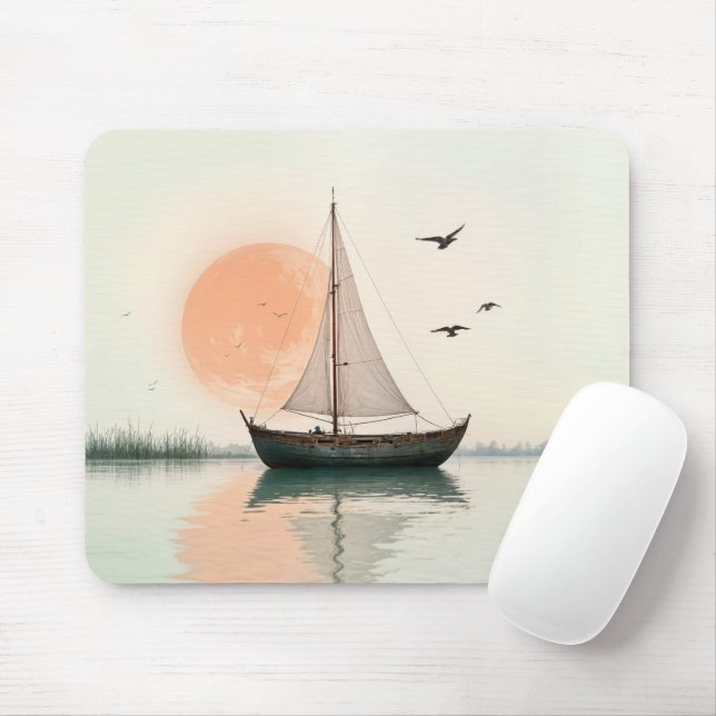 Saiboat Sunset With Seagulls Mouse Pad (With Mouse)