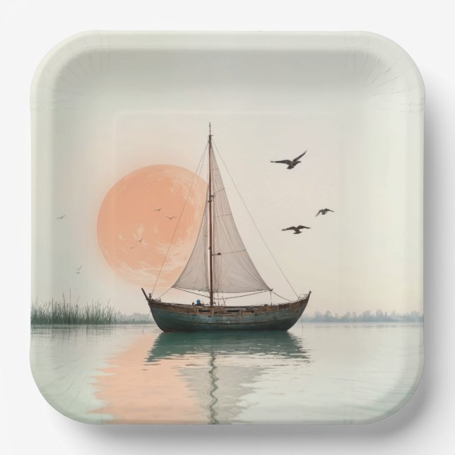 Saiboat Sunset With Seagulls Paper Plates (Front)
