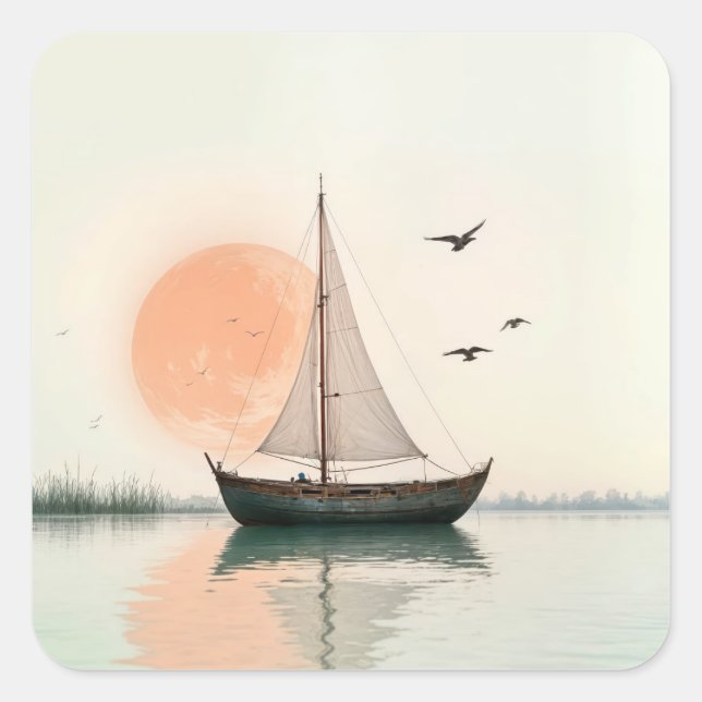 Saiboat Sunset With Seagulls Square Sticker (Front)