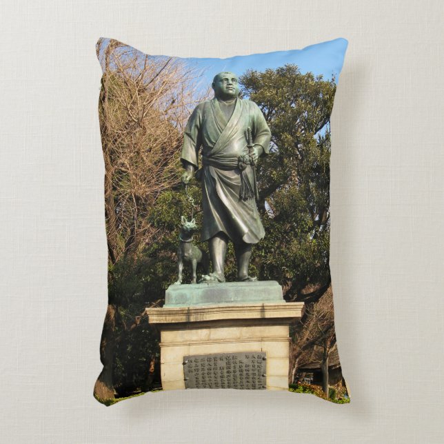 Saigo Takamori (The Last Samurai) & Dog Statue Accent Pillow (Front(Vertical))