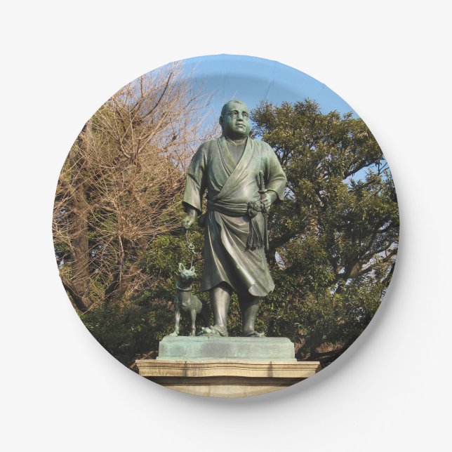 Saigo Takamori (The Last Samurai) & Dog Statue Paper Plates (Front)