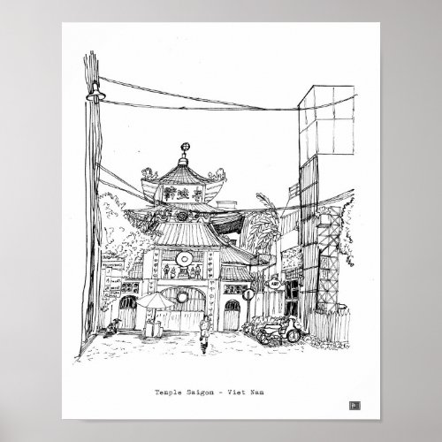 Saigon Old Temple Pen Ink Illustration Poster