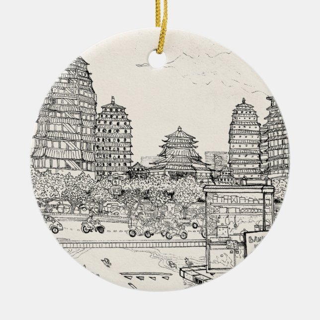 Saigon Pagoda Vietnam Cityscape Pen Ink Drawing Ceramic Ornament (Front)