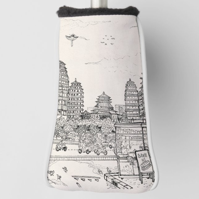 Saigon Pagoda Vietnam Cityscape Pen Ink Drawing Golf Head Cover (Rotate 90)