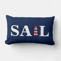 Sail and Lighthouse - Blue, White, Red - Nautical Lumbar Pillow