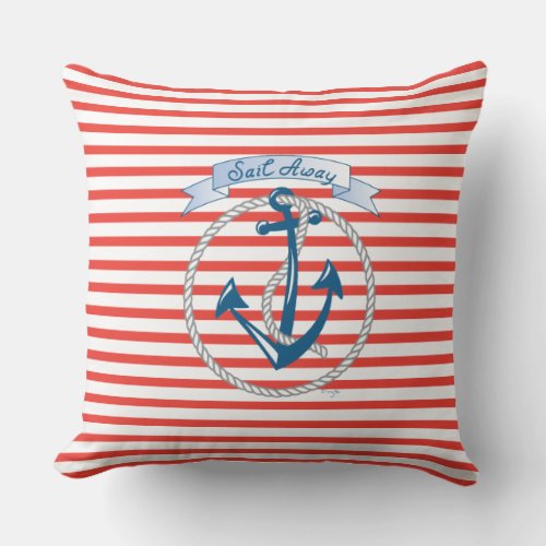 Sail Away Anchor white Rope and red stripes Throw Pillow