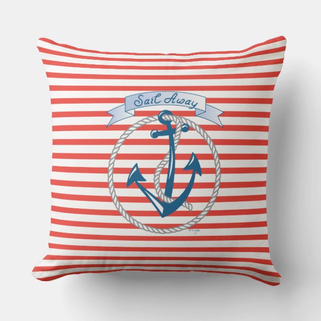 "Sail Away" Anchor, white Rope and red stripes Throw Pillow (Front)