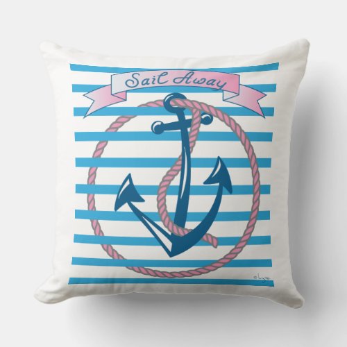 Sail Away Anchor with Pink Rope and blue stripes Throw Pillow