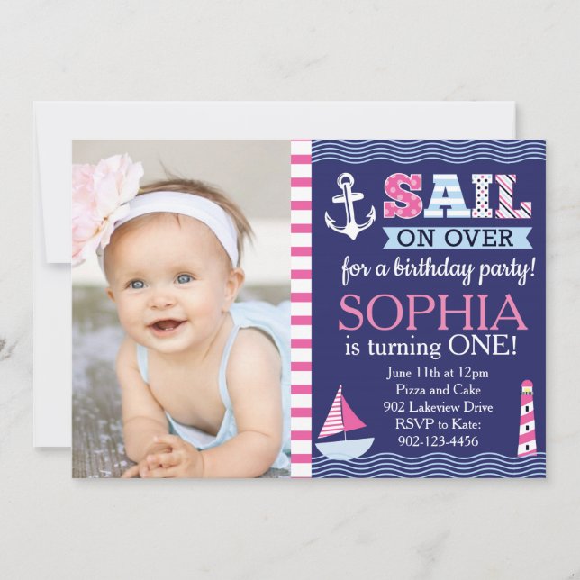 Sail Away Girl's Nautical Birthday Invitation (Front)