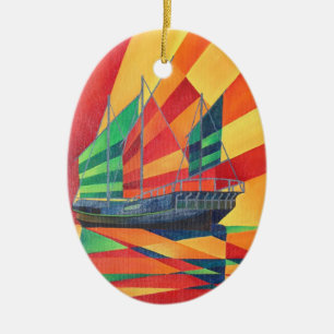 Sail Away Junk Pleasure Boat Ceramic Ornament