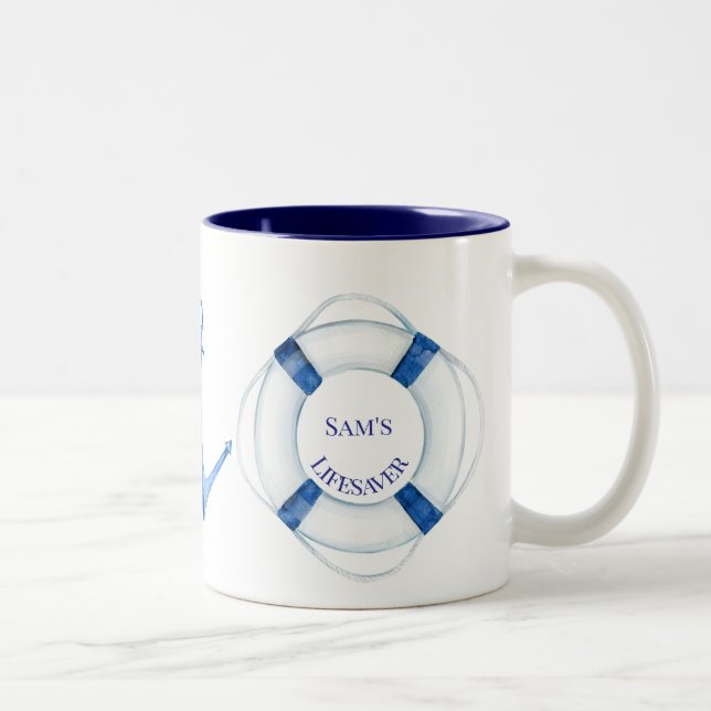 Sail Away Life Ring and Anchor Lifesaver Two-Tone Coffee Mug (Right)