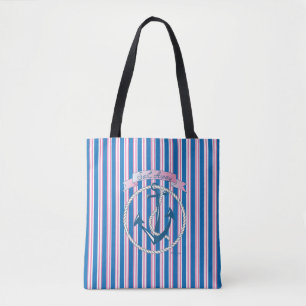 "Sail Away", Nautical Anchor Blue Stripes Pattern Tote Bag