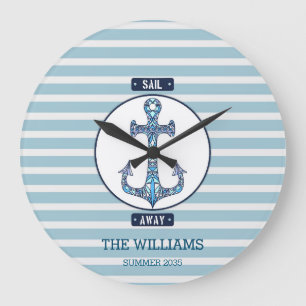 Sail Away Nautical Anchor – Personalized Coastal D Large Clock