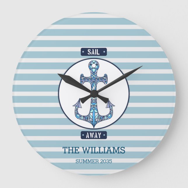 Sail Away Nautical Anchor – Personalized Coastal D Large Clock (Front)
