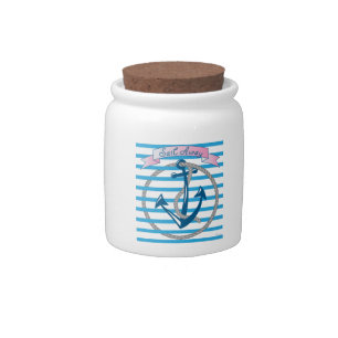 Sail Away Nautical Anchor with blue stripes Candy Jar