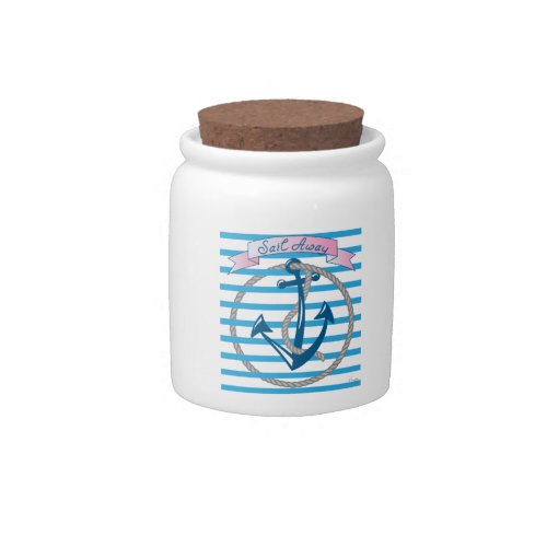 Sail Away Nautical Anchor with blue stripes Candy Jar