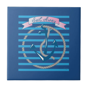 Sail Away Nautical Anchor with blue stripes Ceramic Tile