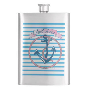 Sail Away, Nautical Anchor with blue stripes Flask