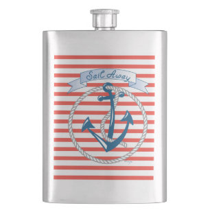 Sail Away, Nautical Anchor with red stripes Hip Flask