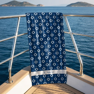 Sail Away Navy Blue Boat Life Ring and Anchor Beach Towel