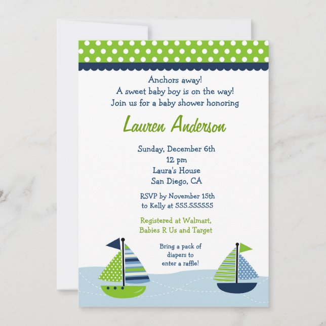 Sail Away Sailboat Baby Shower Invitations (Front)