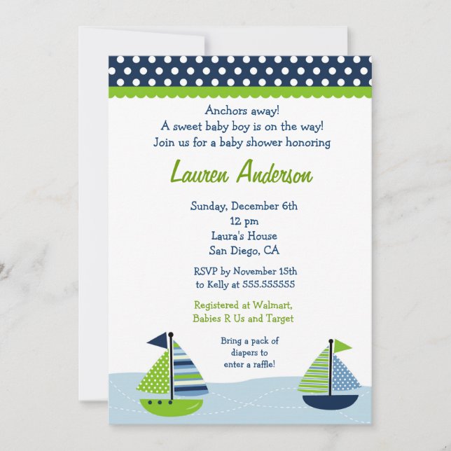 Sail Away Sailboat Baby Shower Invitations (Front)