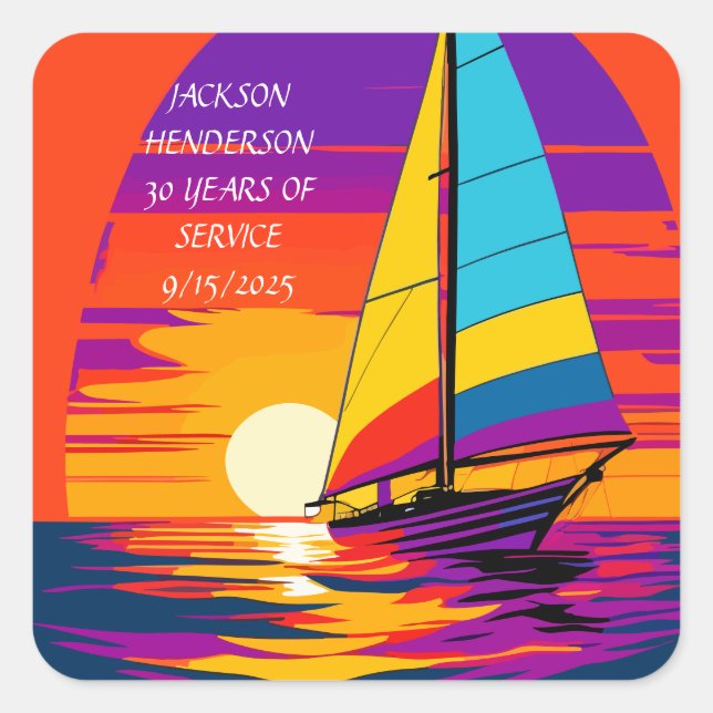 SAIL AWAY SUNSET RETIREMENT GRAPHIC SQUARE STICKER (Front)