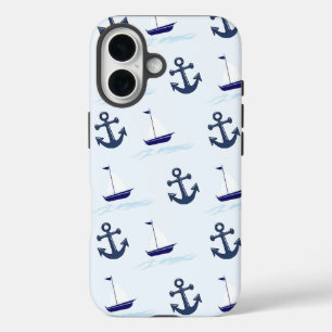 Sail Boat and Anchor Pattern Blue iPhone 16 Case
