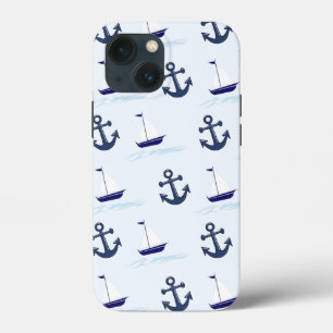 Sail Boat and Anchor Pattern Blue iPhone 13 Mini Case