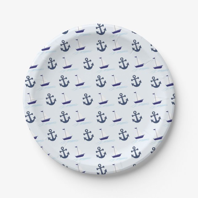 Sail Boat and Anchor Pattern Blue Paper Plates (Front)