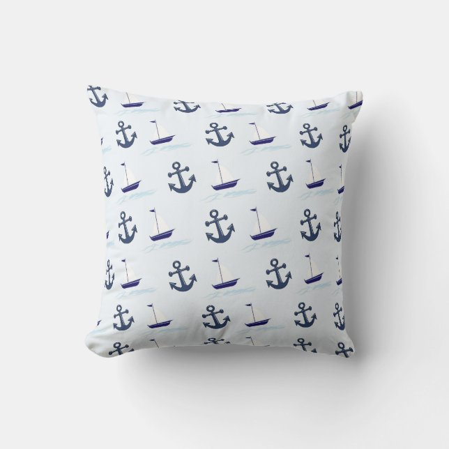 Sail Boat and Anchor Pattern Blue Throw Pillow (Front)