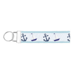 Sail Boat and Anchor Pattern Blue Wrist Keychain