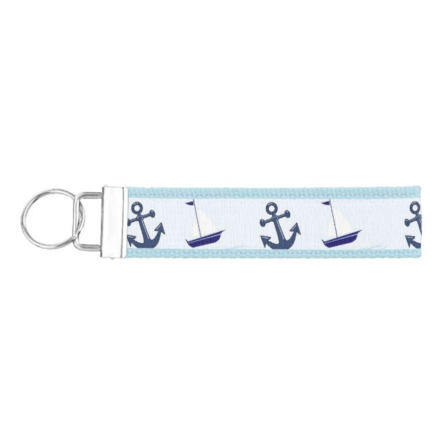Sail Boat and Anchor Pattern Blue Wrist Keychain (Keys on Left)