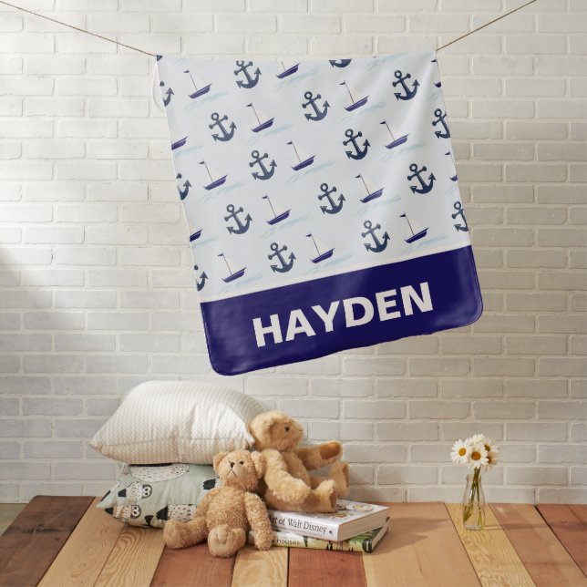 Sail Boat and Anchor Pattern Personalised Baby Blanket (In Situ)