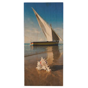 Sail Boat And Shell   Mozambique, Benguerra Lodge Wood Flash Drive