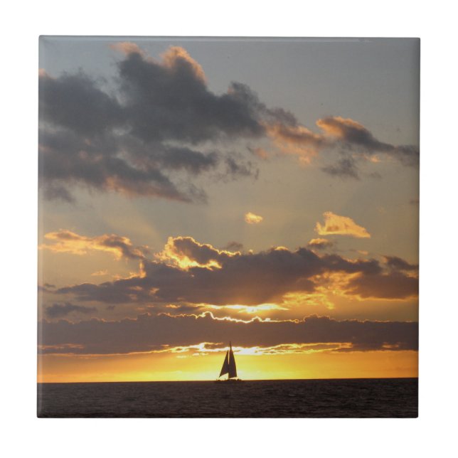 Sail boat at sunset ceramic tile (Front)