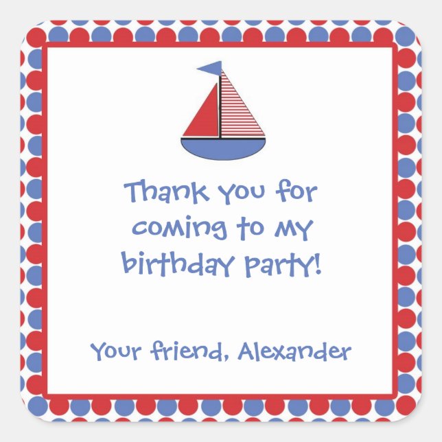 Sail Boat Birthday Party Favor Sticker Red Blue (Front)