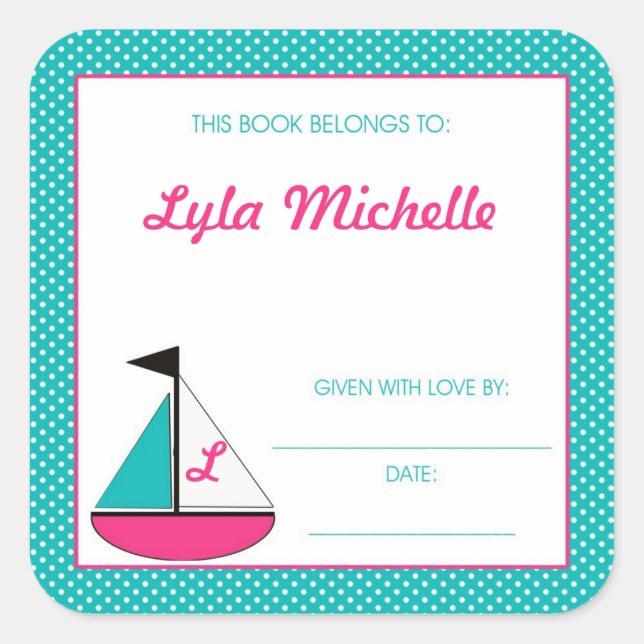 Sail boat Book Plate Monogram Turquoise Pink Girls (Front)