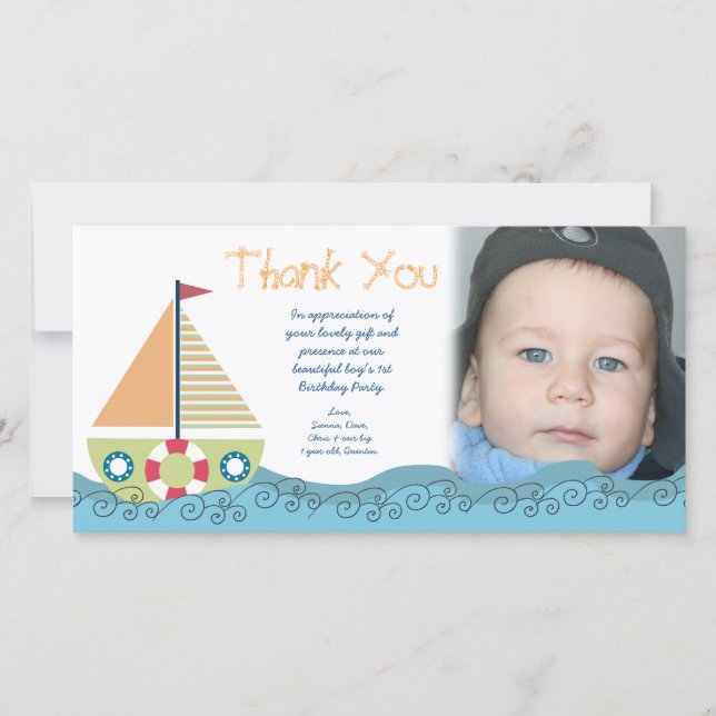 Sail Boat Boy's Birthday Party Thank You Photocard (Front)