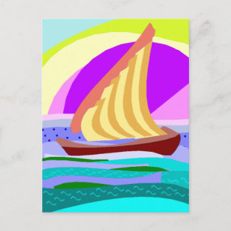 Sail boat, colorful rainbow sky and sea postcard