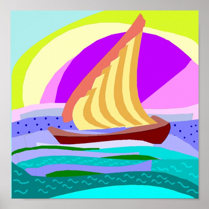 Sail boat, colorful rainbow sky and sea print