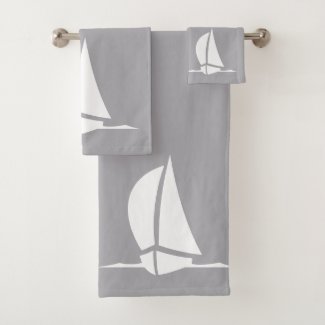 sail boat & compass -  silver color bath towel set