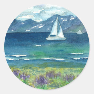 Sail Boat Mountain Lake Purple Watercolor Lupines Classic Round Sticker