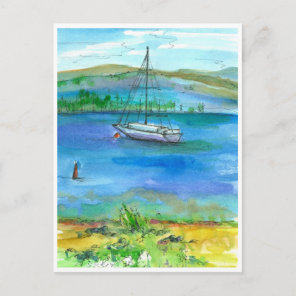 Sail Boat Mountain Lake Watercolor Painting Postcard